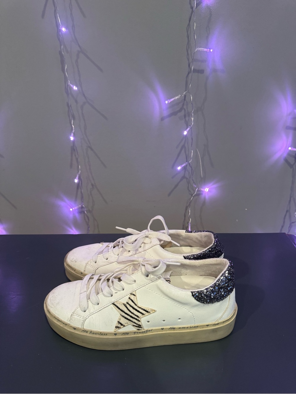 Shu Shop White Sneakers with Dark Glitter Heel and Zebra Star